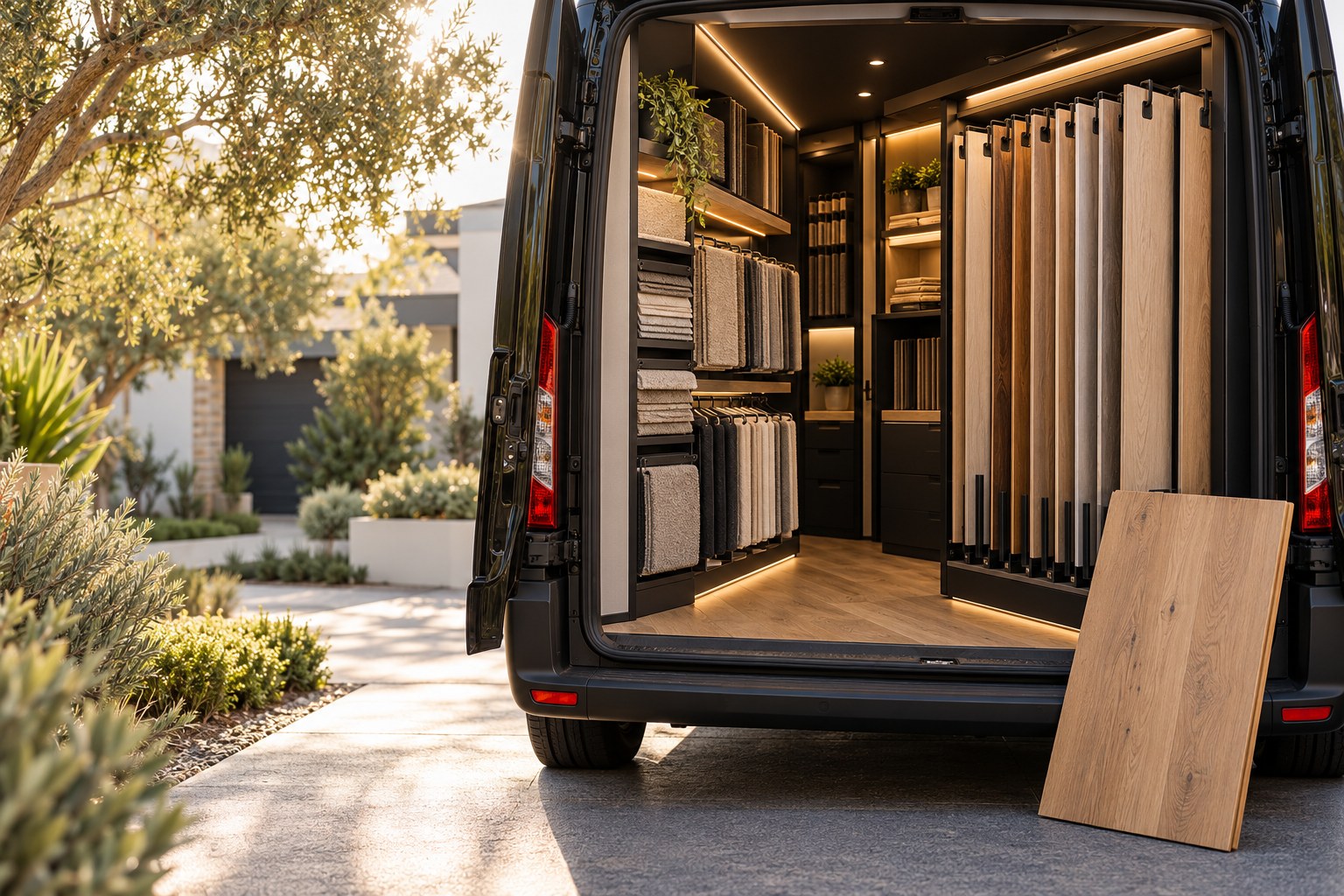 Concept of a black mobile showroom van fitted with timber and carpet sample displays